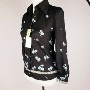 Asian Oriental Japan Blue Flowers Sheer Blouse Top